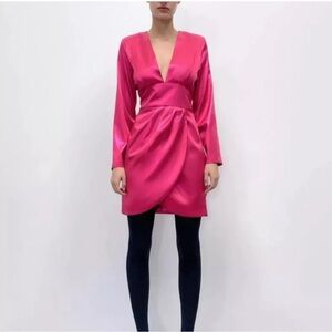 🩷Zara Metallic Hot Pink Faux Wrap Dress Size 12